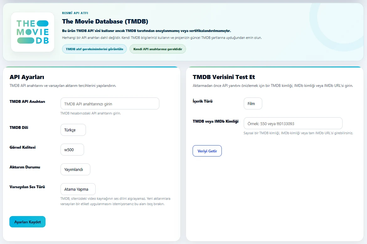BahadirMovie TMDb API ayarları